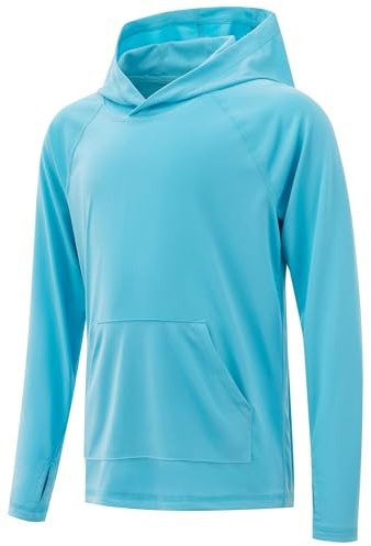 Poekuao Boys Rash Guard Long Sleeve Hoodie Swim Shirt Youth UPF 50+ Sun Protection Fishing Shirts Quick Dry Rashguard with Pocket Crystal Blue S