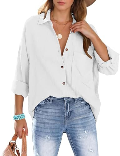 Xnova Chemisier Oversize Femme à Manches Longues, Décontractée Coton Blouse Top avec Poche, T-Shirt Col en V Chic et Élégant Chemise Ample à Boutons(Blanc, M)