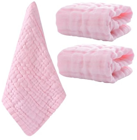 SECFOU Baby Waschlappen 3er Set Waschlappen Aus 100% Wiederverwendbare Muslin Waschlappen Für Neugeborene Sanfte Gesichtstücher Und Handtücher Pink Ideal Als Spucktuch Und Für Die Baby Handtuch