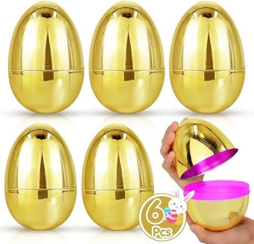 Afoxon 6 Pack Jumbo Golden Easter Eggs 15cm/6 inch Metallic Gold Easter Eggs Empty Fillable Giant Easter Egg for Easter Hunt, Basket Stuffers Fillers, Party Favors Easter Decorations