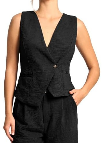 Amazhiyu Gilet da donna, in lino, corto, senza maniche, scollo a V, in lino, vintage, estivo, con bottoni, vestibilità regolare, Nero , S