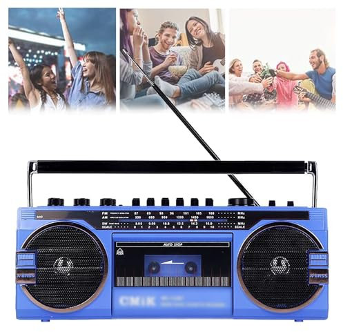 QIeAny Boombox CD rétro années 80 avec Radio AM/FM et Lecteur Cassette - Son stéréo Portable | Réception puissante | Lecture et Enregistrement USB/SD | Prise Casque | pour la Maison,Blue