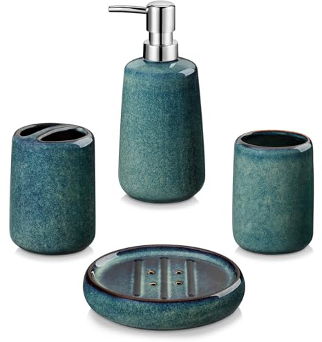 vancasso Green Bathroom Accessories Set, Ceramic Soap Dispenser and Toothbrush Holder Sets, Stoneware 4 Pcs Bathroom Sink Set for Modern Home Decor, Series Starry