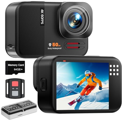 Euorosi 4K 60FPS Cámara Deportiva - 48MP WiFi Cámara Acuática con Tarjeta 64G, Zoom 8X, 170° EIS, Subacuática 15M, con Control Remoto, 2 * 1350mAh Baterías