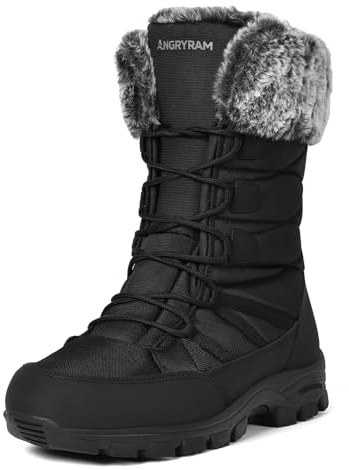ANGRYRAM Winter Steel Toe Boots for Women Warm Insulated Non Slip Snow Boots Comfortable Work Shoes Mid Calf Faux Fur Furry Snow Shoes for Industry Construction Outdoor Winter