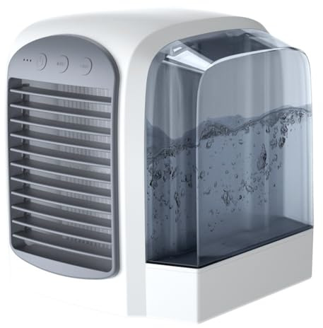 FACAIIO Ventilador de CA portátil con tecnología dinámica de niebla de hielo, 380 ml, agua para tanque, 3 velocidades de viento, dormitorio, oficina, viajes, color blanco
