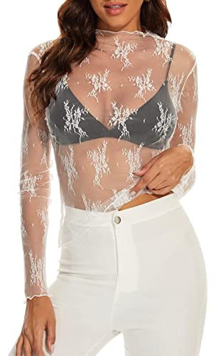 Camiseta Encaje Mujer Blusa de Encaje Elegante de Manga Larga Top de Malla para Mujer Cuello Redondo Cómodo Suave Blusa Negra Transparente de Malla