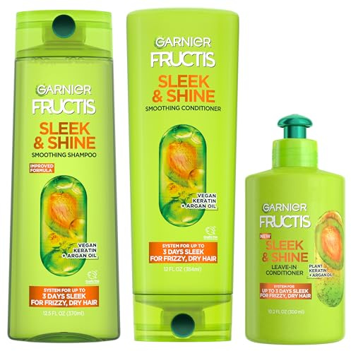 Garnier Fructis Sleek & Shine Shampoo, Conditioner + Leave-In Conditioer Set for Frizzy, Dry Hair, Plant Keratin + Argan Oil (3 Items), 1 Kit (Packaging May Vary)