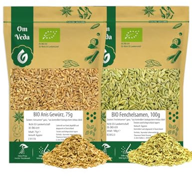 BIO Anis 75g + BIO Fenchel 100g | Anissamen und Fenchelsamen BIO Gewürze-Set 175g | Teegewürz Pur | Für Küche und Tee | Organic Bio-zertifiziert DE-ÖKO-039 | OmVeda