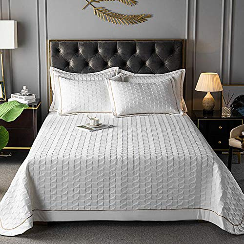 WDXN Boutis Couvre-lit Matelassé De Luxe Dessus De Lit 2 Personnes Couleur Unie Satin Jacquard Couvertures Confort Draps 3 Pièces Courtepointe Boutis Jeté De Lit avec 2 * Taie d'oreiller,White