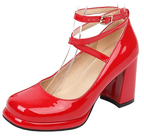 Bviennic Mujer Punta Redonda Tacón Ancho Mary Jane Pump Vestido Verano Boda Correa De Tobillo Plataforma Charol Fiesta Zapatos Rojo Talla 38 Eu-39Cn