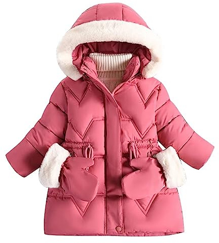 linboo Manteau Fille Doudoune Chaud Veste à Polaire Enfant Blouson d'Hiver à Capuche Fourrure Epaisse Rembourré Parka avec Gants, Rose foncé, 2-3 ans