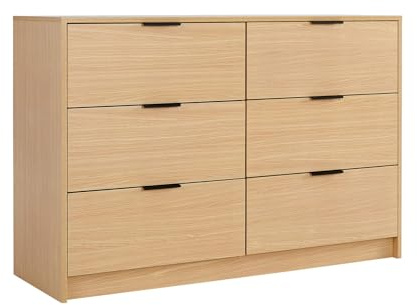 Home Source Bedroom Chest of Drawers Clothing Storage Cabinet, 6 Drawers, Oak Effect