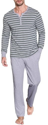 Winovia Pigiama da uomo a maniche lunghe | Pigiama in cotone con bottoni e strisce | Comoda biancheria da notte per uomo, Grigio-verde, L