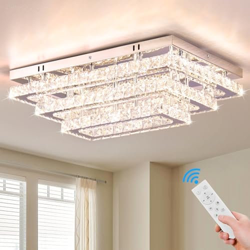 Fintonglan Plafón LED de Cristal Rectangular 50 cm Regulable con Mando y APP, 3 Niveles Flush Mount Lámpara de Techo Moderna de Acero Inoxidable para Salón, Dormitorio y Comedor