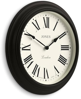 Jones Clocks® Supper Club wall clock | Large classic round clock | 40cm | Black | Roman numerals | Traditional design ideal for kitchen or living room