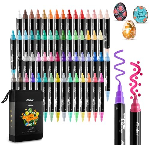 Rotuladores Acrilicos, Ohuhu 60 Colores marcadores con Doble Punta (0,7 mm y 3 mm), resistentes al agua, resistentes a la luz, alta opacidad para pintura rupestre Huevos de Pascua Madera Vidrio Lienzo