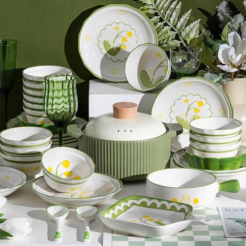 Verde Vajilla de 18 26 32 Piezas de Cerámica Juego de Vajillas Vintage Servicio de Platos Para 6 Personas Vajilla de Porcelana Pratos Cerâmica Conjunto Aptos Para Lavavajillas Y Microondas(18pcs)