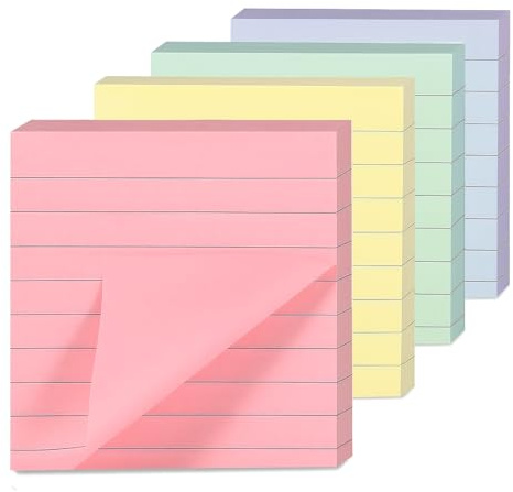 4 pads pastell (fyrkantiga) fodrade klisterlappar | 76 x 76 mm (3 tum x 3 tum) | pastellfärger gul, rosa, grön, blåfodrad/linjerad | självhäftande memo-dynor för kontor, skola och möte