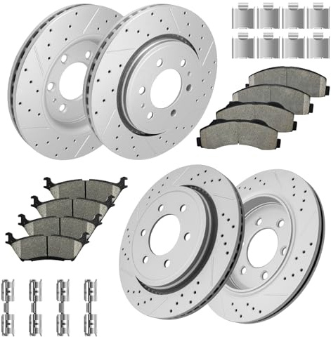 Fraxle Front and Rear Drilled & Slotted Disc Brake Rotors Ceramic Brake Pads Kit for 2015 2016 2017 Ford F-150 Electronic Parking Brakes