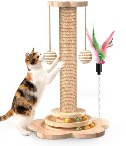 Mordraoe Cat Scratching Post for Indoor: Cat Scratcher Post with Solid Wooden Base | Interactive Track Ball Toys & Spring Feather | Small Kitten Scratch Pole Play Platform Easy Assembly (46cm Tall)