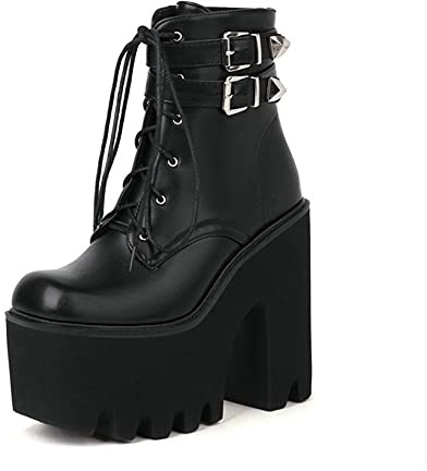 WeFloHsL Stivaletti da Combattimento con Tacco Largo Alto Plateau Lacci Punk Gotico da Donna,Black pu,37 EU