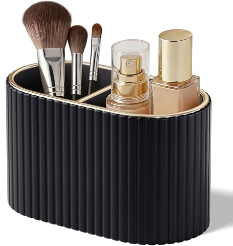 KINGFOM Makeup Brush Holder, Elegant Makeup Brush Organiser with 2 Compartments, PU Leather Makeup & Brush Holder for Vanity, Bathroom or Bedroom (Black)