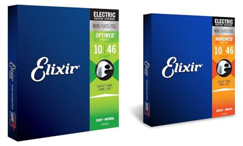 Elixir Cuerdas para guitarra eléctrica con recubrimiento OPTIWEB, calibre ligero (.010-.046) + Cuerdas para guitarra eléctrica con recubrimiento NANOWEB, calibre ligero (.010-.046)