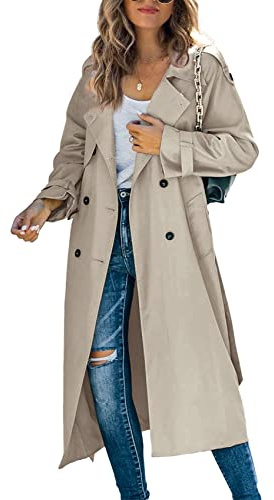 Makkrom Women's Double Breasted Long Trench Coat Windproof Classic Lapel Slim Overcoat with Belt
