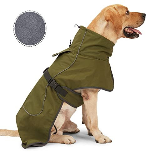 Barkworthies - Impermeable para Perro, Chaqueta de Invierno Impermeable con Interior de Terciopelo, Tira Reflectante, Verde, L