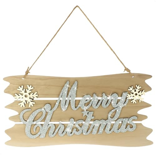 com-four® Decorazione da Appendere Natale - Appendiabiti in Legno con Scritte per Natale - Cartello in Legno per Porta, Finestra o Parete - Cartello Natalizio (Colore Argento + Bianco + Marrone)