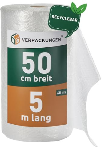 BB-Verpackungen 1x PROFI Luftpolsterfolie 0,5 x 5 m Versand, Verpackung, Umzug 2-lagig (1 Rolle) | 60 my stark, extrem robust, sehr leicht, 100% recycelbar