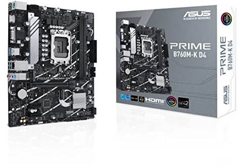 ASUS PRIME B760M-K D4 Intel® B760 (LGA 1700)(13th and 12th Gen) mATX motherboard, PCIe 4.0, two PCIe 4.0 M.2 slots, DDR4, Realtek 2.5Gb Ethernet, HDMI®, SATA 6 Gbps, front USB 3.2 Gen 1, Aura Sync