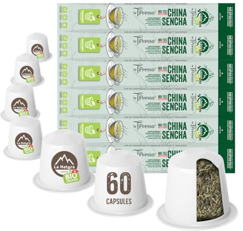 Thé vert biologique Sencha de Chine | La Natura Lifestyle by Tpresso® 60 capsules de thé compatibles avec les machines à capsules Nespresso® | Capsules industrielles 100% compostables | Écologique