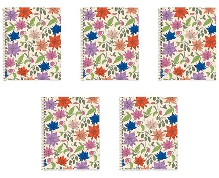 Miquel Rius M Fashion 4 Subject Spiral Notebooks, Pack of 5, Lined 11 x 8.5 Heavyweight Paper, 120 Sheets (Subjects Separated by color), 3 Hole Punched, Micro-Perforated, Vintage Lily Cover