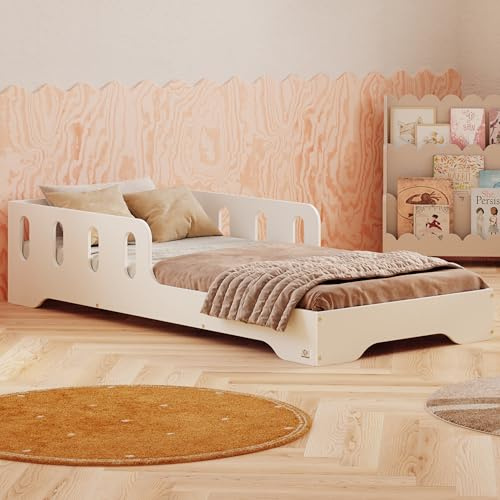 smartwood Barnsäng 90x200 cm med Fallskydd, av Furuträ, Vit, TILA 6 | Montessori golvsäng, ribbotten upp till 230 kg, FSC-certifierad, rundade kanter, enkel montering, från 3 år, 93x203x40 cm