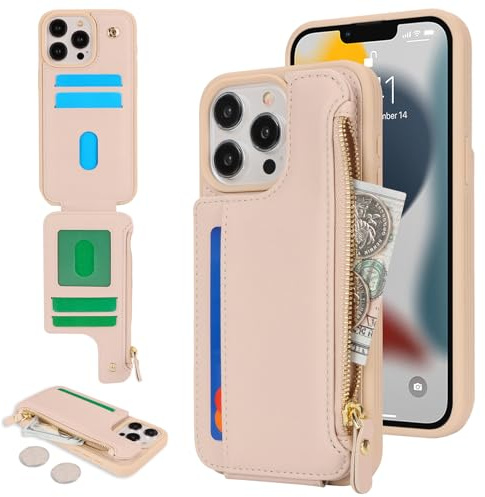 SailorTech för iPhone 12 Pro Max telefonfodral med kreditkortshållare för män, iPhone 12 Pro Max fodral med kreditkortsfack, plånbok med dragkedja för kvinnor – aprikos