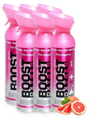 Boost Oxygen Sauerstofflasche für Unterwegs mit 95% Sauerstoff - 54L, 6x9L Sauerstoffdose mit Sauerstoffmaske für mehr als 900 Inhalationen- mobiler Sauerstoff Inhalator (Rosa Grapefruit Geschmack)