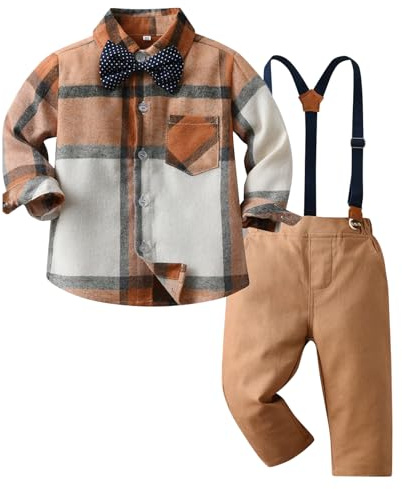Kunyeah Ensemble à carreaux pour garçon Chemise à manches longues avec nœud papillon pour enfant Pantalon à bretelles pour enfants 1-6 ans (Marron, 2-3 ans)