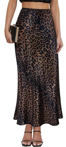Women Satin Skirt High Waist Elastic Waist A-line Casual Leopard Print Long Skirt