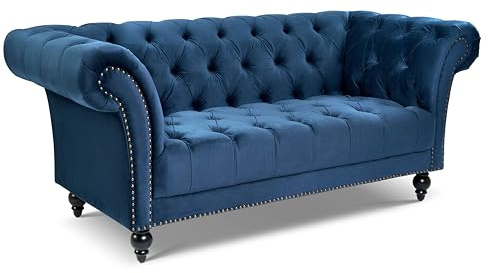 Bravich Chesterfield Velvet Sofa, Blue 3 Seater Sofa for Living Room Furniture, Classic Button Back Settee with Rolled Arms, Solid Wood Frame, 195cm x 58cm x 82cm