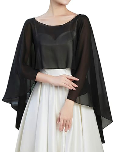 TouKingda Sheer Chiffon Shawl Cape for Women, High Low Capelet Long Shawl and Wrap for Wedding Dresses Bridal Bridesmaid Bolero Shrug Cover Ups for Evening Party Dress Elegant Sunblock Shawls (Black)