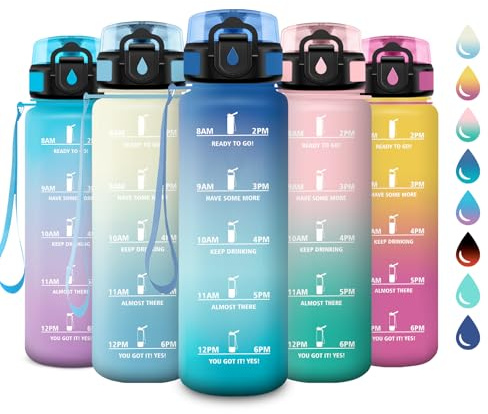 Borraccia 1L, Borraccie con Filtro, Borraccia Palestra con Indicatore del Tempo, Bottiglia Acqua Riutilizzabile, senza BPA, A Prova di Perdite, Bottiglia Sport per Campeggio, Studenti, Ufficio