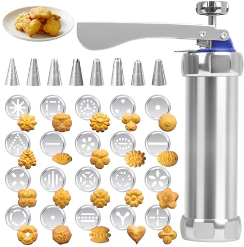 Churreras para Churros y Porras, Churrro Gun Kit con 20 Moldes de Disco y 8 Boquillas Prensa, Prensa Pastelera de Acero Inoxidable, Biscuit Maker, para DIY Elaboración de Galletas de Pasteles