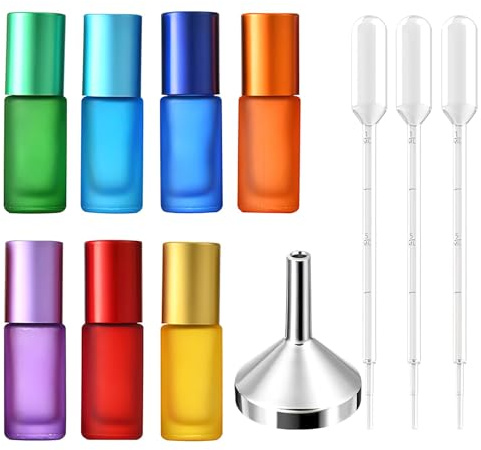 7 st. rulle on glasflaskor för eterisk olja 5 ml eteriska oljor rulle på flaska tom med rostfria rullbollar med sprutor och tratt för eteriska oljor, parfymer, lotioner, massage, aromolja