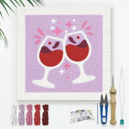 DOODLREAM Red Wine Glass Punch Needle Kit for Beginner 24 x 24 cm | Toast Wine Motif Punch Stitching Embroidery Set with Pre-Printed Frame, Yarns, Punch Needle, Threader, Instruction