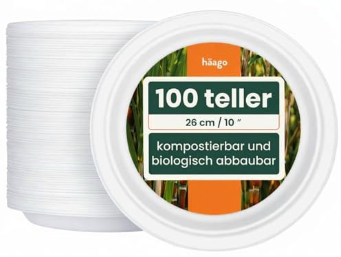 HAAGO 100 Extra Stabile Kompostierbare Zuckerrohr Teller, 26 cm / 10 Zoll – Große Pappteller, Fett- & Auslaufsicher – Biologisch Abbaubare Partyteller, Einwegteller für Grillparty, Hochzeit