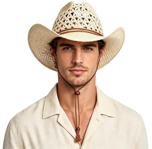 JINTN Men West Cowboy Hat Wide Brim Straw Bucket Hat Summer UV Protection Sun Hat Foldable Roll up Panama Fedora Hat Packable Straw Beach Travel Hat
