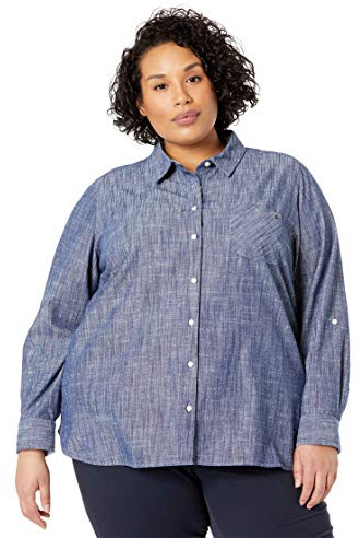 Tommy Hilfiger Womens Classic Long Sleeve Roll Tab Button Down Shirt (Standard and Plus Size), Chambray, Small