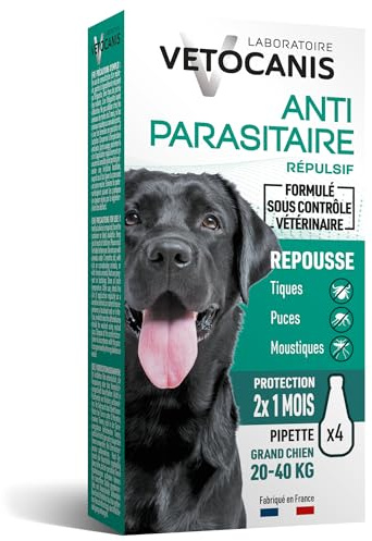 Vetocanis, Pipettes Anti Puces Chien, 2x1 Mois sans Tiques, Puces, Moustiques, Antiparasitaire Chien 20 à 40 kg, A base de Margosa, Répulsif Protection immédiate, 4 Pipettes de 3 mL